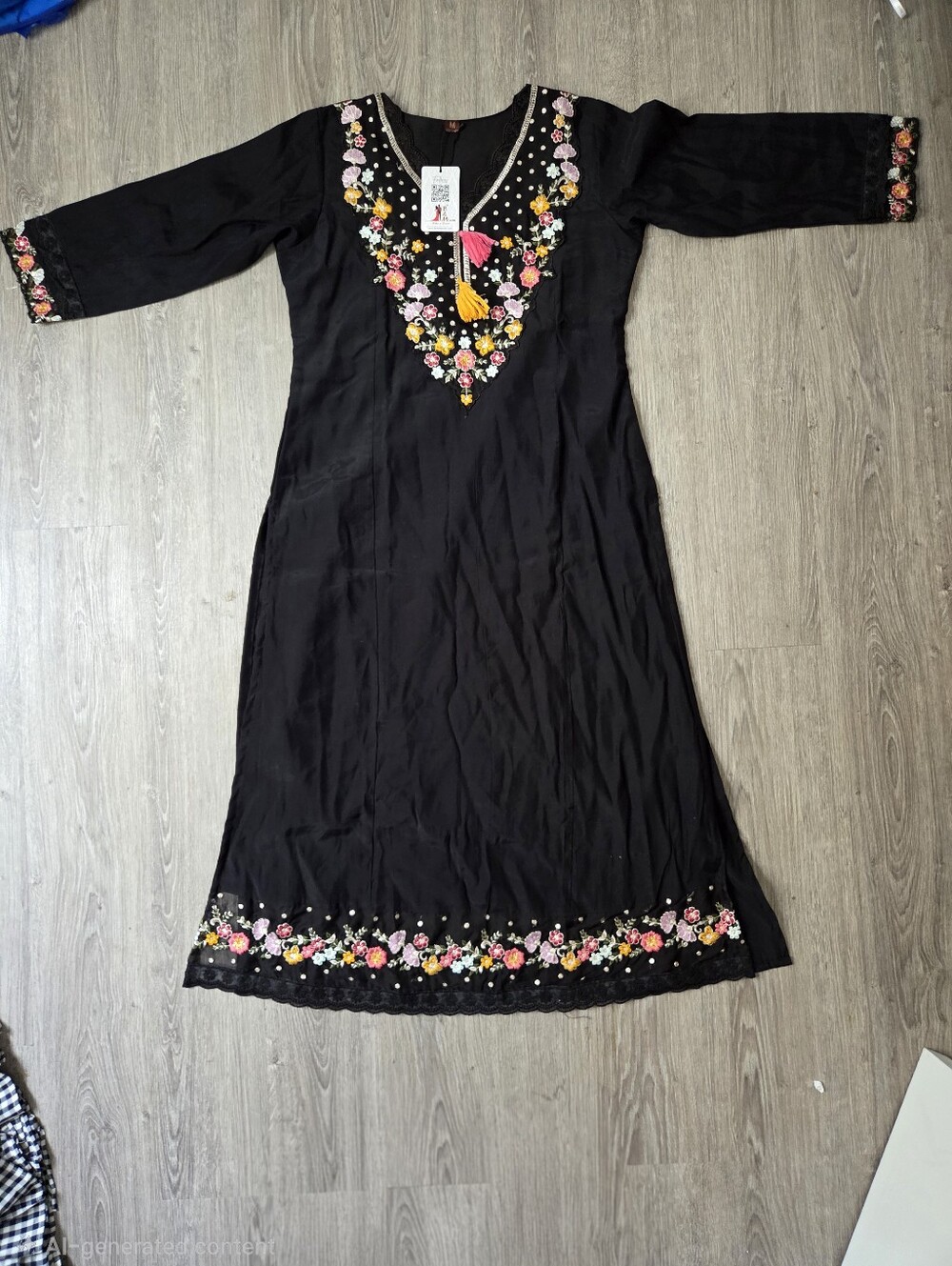 Black Long-Sleeve Embroidered V-Neck Kutra Dress